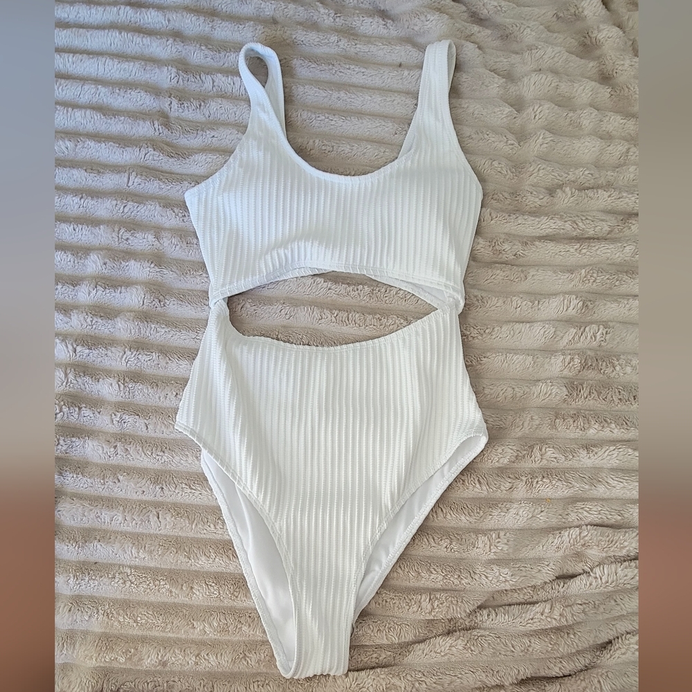 White Ribbed Cutout Swimsuit
